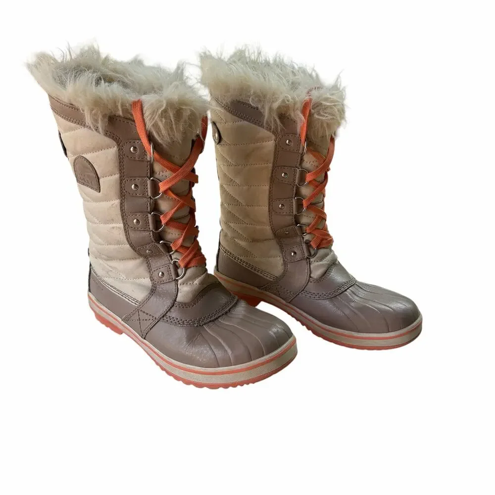 Sorel Tofino II Quilted Waterproof Winter Snow Boots Size 7 Beige Brown Faux Fur